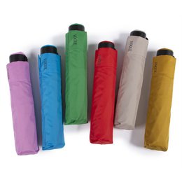  Compact folding umbrella in a variety of vibrant colors, including purple, blue, red, and yellow. Durable and portable design for everyday use.
