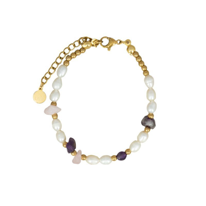 Edelsteen armband | Parel/Amethist/Rozenkwarts | rvs goud