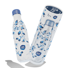 Delft blue patterned thermos bottle with a capacity of 500ML, featuring a floral design and specifications including 24-hour cold, 12-hour warm, and 100% leak-proof.