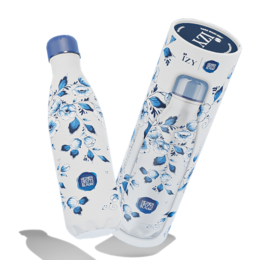 Delft blue patterned thermos bottle with a capacity of 500ML, featuring a floral design and specifications including 24-hour cold, 12-hour warm, and 100% leak-proof.