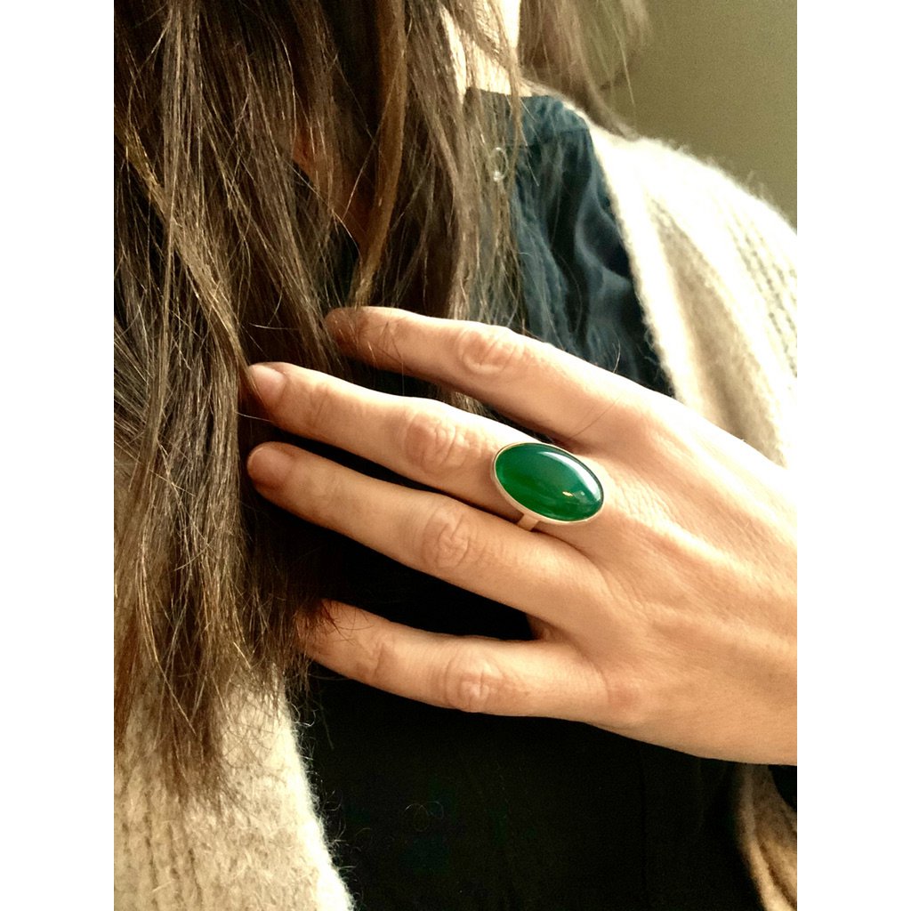 Silver ring 15x25mm green Agate