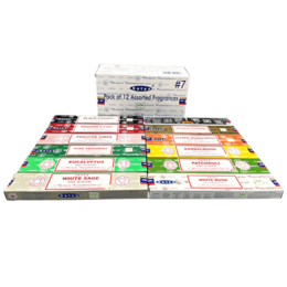 Assorted pack of 7 Satya incense boxes, each containing 15 grams of incense. The pack includes a variety of scents such as Nag Champa, Sandalwood, and Jasmine.