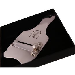 Stainless steel mandolin for slicing truffles. Rectangular shape, silver color, with a blade for slicing truffles.