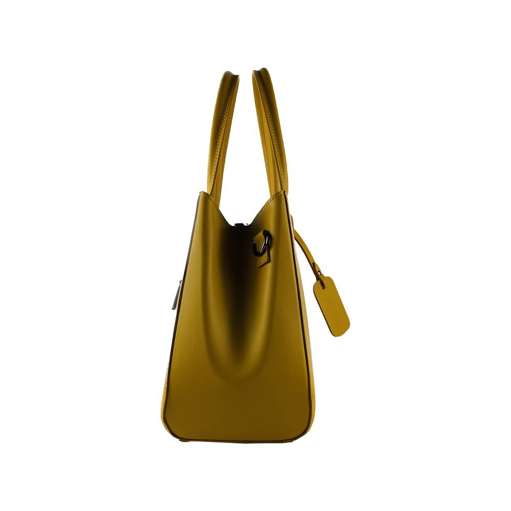 RB1004R | Bolso de Mano en Piel Auténtica Made in Italy con bandolera extraíble y mosquetones de metal color bronce - Color mostaza - Dimensiones: 33 x 25 x 15 cm + Asas 13 cm