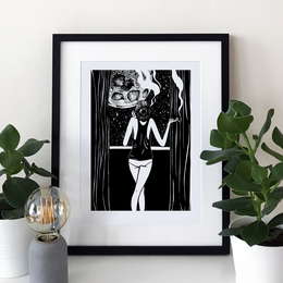 A black and white abstract illustration depicting a surreal, dreamlike figure with a patterned, organic form and flowing, ethereal elements. The image has a mysterious, contemplative quality.