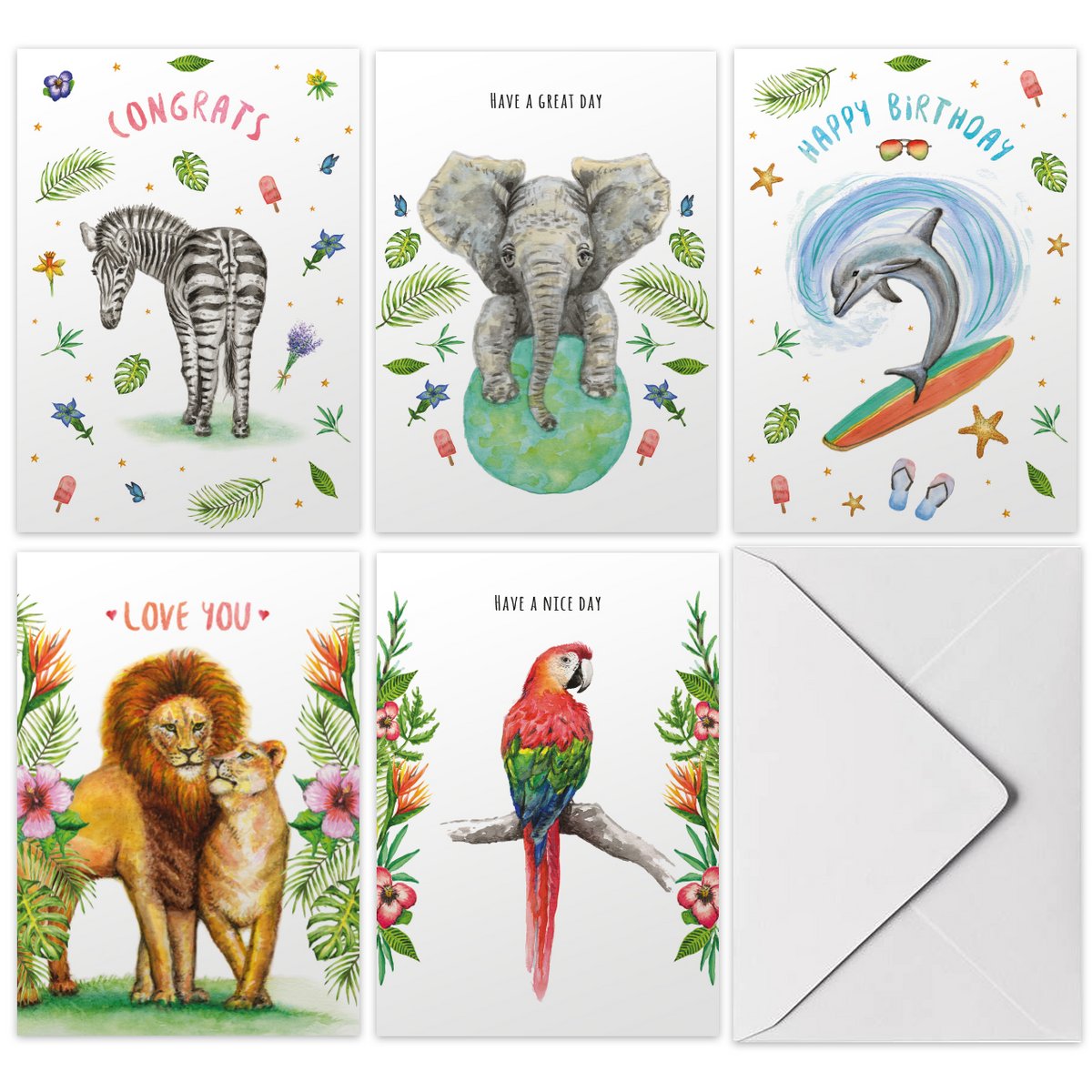 10 Tarjetas de Felicitación Mix - Dobladas con Sobre - Cumpleaños - Amor - Loro - Elefante - Cebra - Delfín - Leones - Tamaño A6 - Acuarela