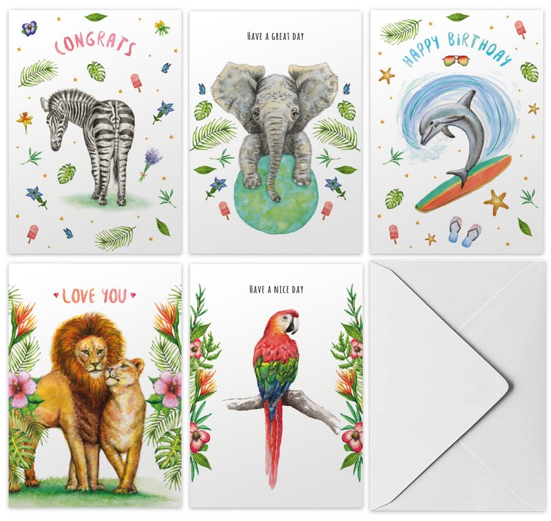 10 wenskaarten mix - gevouwen met envelop - Verjaardag - Liefde - Papegaai - Olifant - Zebra - Dolfijn - Leeuwen - A6 formaat - aquarel