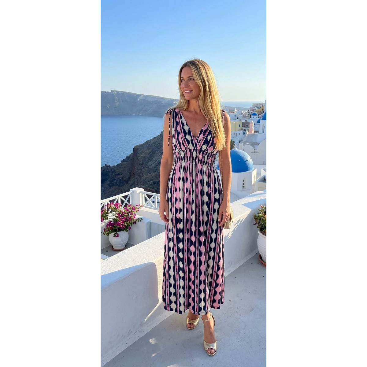 “Ilios” Maxi Dress in Blue & Coral Ikat Stripes - 603-153