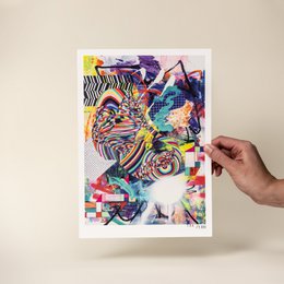 "Limited Art Print: No More Static Noise - Stefanie Thiele" is a vibrant, abstract poster featuring a colorful, psychedelic design with various shapes, patterns, and textures. The poster has a dynamic, energetic feel and would make an eye-catching addition to any space.