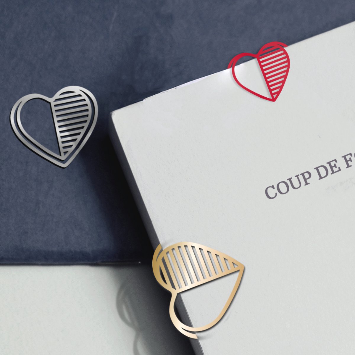 set van 3 metalen clip boekenleggers - hart (rood-mat-goud)