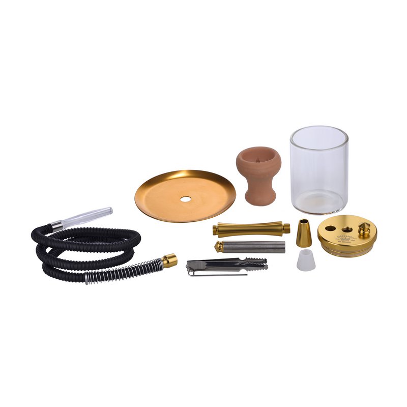 Chicha Komplettes Shisha-Set mit Silikonschlauch, Keramikkopf, Zange, Mundstück, Glassockel, Shisha-Komplettset Modern Gold
