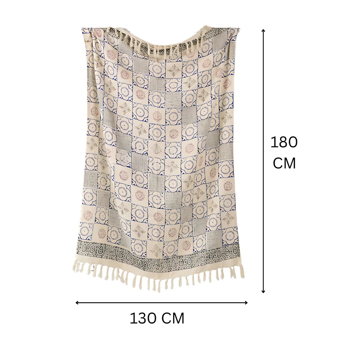 Manta de sofá/cuadros azules y crema – Patrón de mandala con flecos – 130x175 cm – Urbane Hide