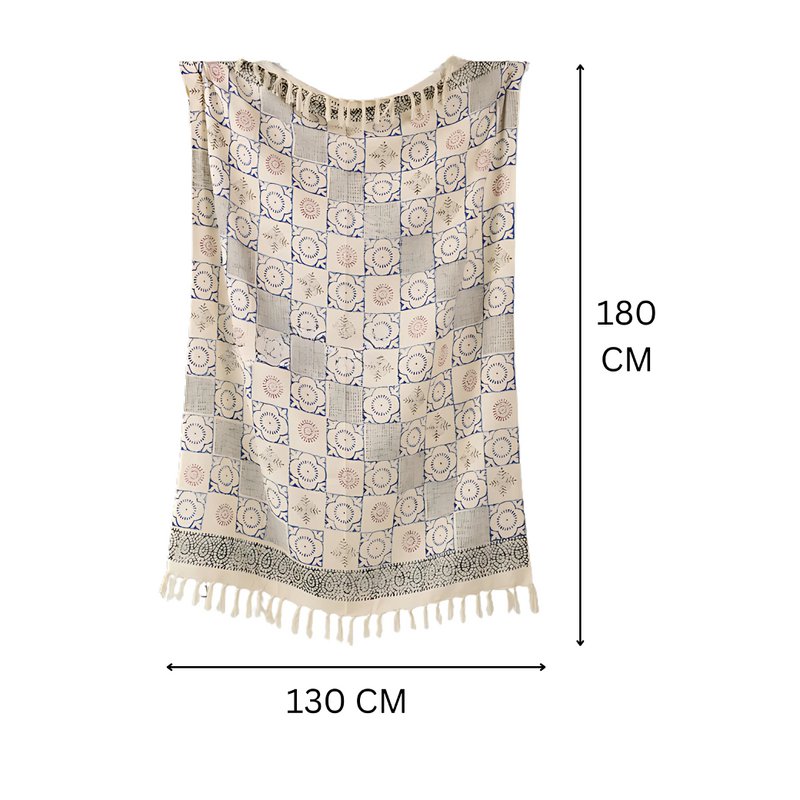 Plaid / Jeté de Canapé Bleu & Crème – Motif Mandala avec Franges – 130x175 cm – Urbane Hide