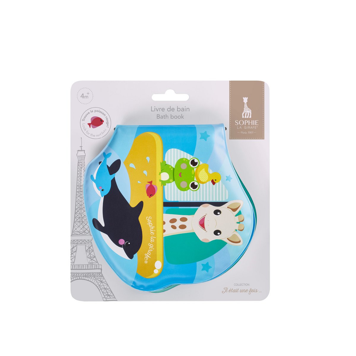 Libretto da bagno Sophie la giraffa su cartoncino bianco appeso