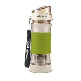 Sustainable drinking bottle with tea strainer, made of glass and featuring a beige and green color scheme.