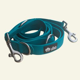 Teal blue waterproof dog leash with metal clips and adjustable positioning straps.