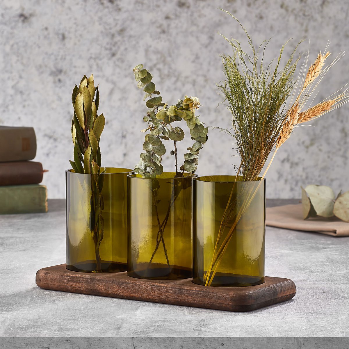 Joy Kitchen bottle vases on wooden plateau