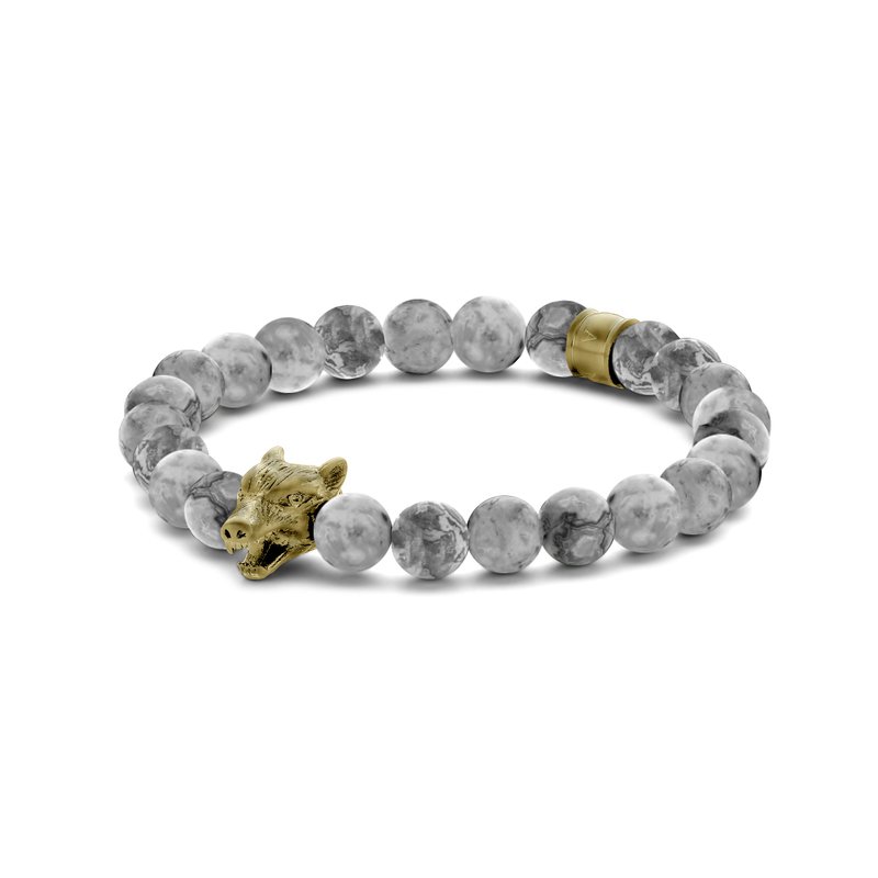 Frank 1967 7FB-0590 Herrenarmband – Perlen – Jaspis – Grau – 8 mm Durchmesser – Dehnbar – Wolf – Stahl – Vintage-Look – Goldfarben