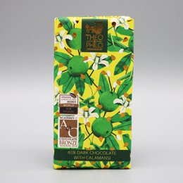 Dark chocolate bar with calamansi citrus flavor, featuring a vibrant green and yellow leaf pattern on the packaging.