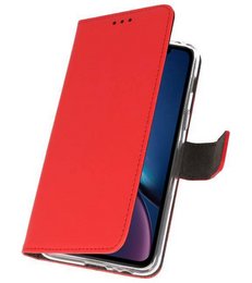 Red leather-like wallet case for iPhone XR with card slots and stand functionality.