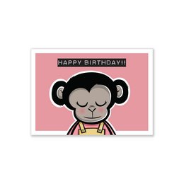 A cute monkey birthday card with a happy birthday message and a smiling monkey illustration.