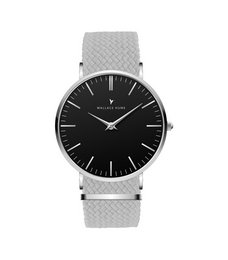Sleek, minimalist watch with a cool grey and full black color scheme. Features a simple, elegant design with a black dial and silver-tone case.