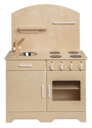Wooden toy kitchen in natural and white colors, with drawers, shelves, and a stove top. Suitable for children's play and learning.