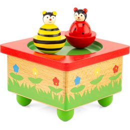 "Colorful wooden music box with a ladybug and bee figurines. Features a floral design and plays soothing music."

The product is a wooden music box with a ladybug and bee figurines on top. The box has a floral design with green grass and colorful flowers painted on the sides. The music box plays soothing, gentle music when opened. This product would be suitable for babies and young children as a decorative and interactive toy.