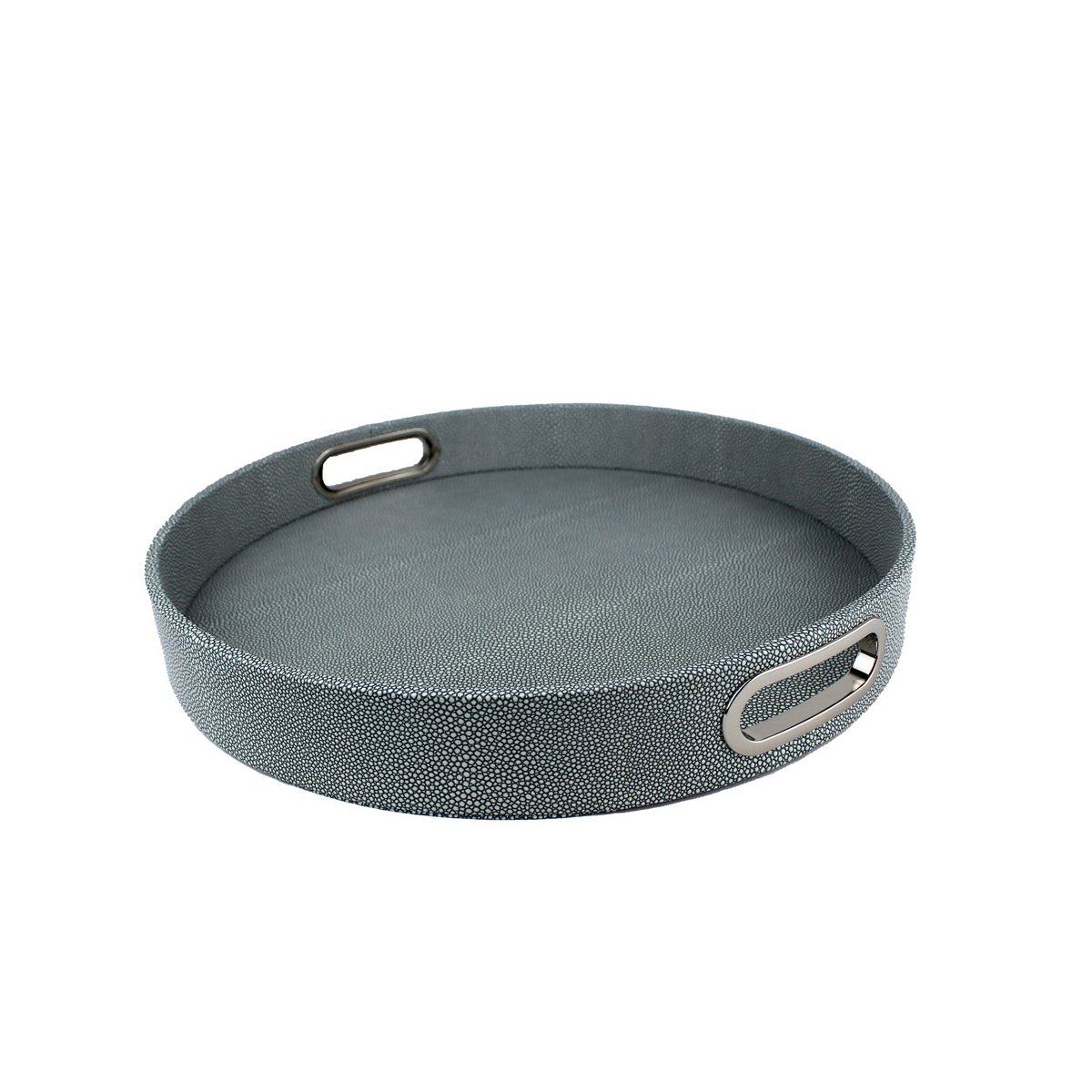Plateau rond simili cuir galuchat bleu avec anses inox