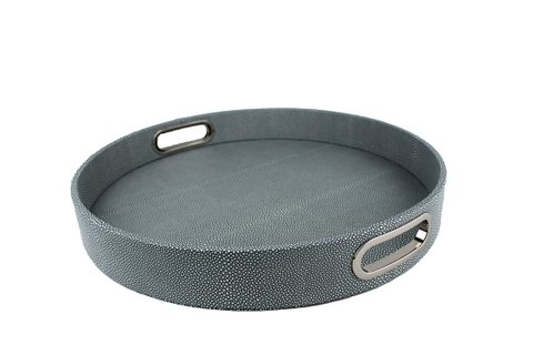 Dienblad rond kunstleer pijlstaartrog blauw met RVS handvatten