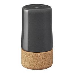 Dark gray ceramic salt and pepper shaker set with cork base. Sleek, modern design.