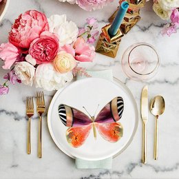 Elegant dessert plates with a butterfly motif, featuring a colorful butterfly design and coordinating tableware. The plates are part of the "La dolce vita di una farfalla" (The sweet life of a butterfly) collection, suitable for serving desserts or other sweet treats.