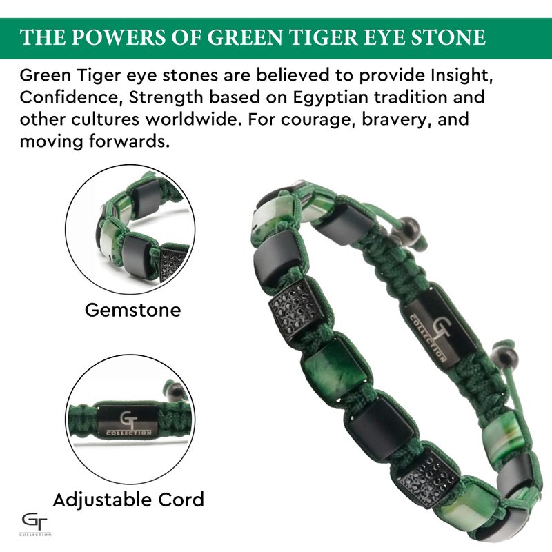Tiger Green Tiger Eye, Bracelet à perles plates en onyx noir