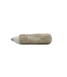 Off-white corduroy pencil case in the shape of a crayon with a child's name on it.
The product is an off-white corduroy pencil case in the shape of a crayon, with a child's name printed on it. The pencil case has a cylindrical shape and appears to be made of a soft, textured material. The image also shows a woven basket or container that the pencil case is placed in, along with some other pencil-shaped objects.