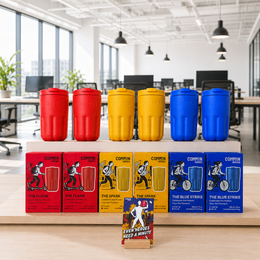 Colorful travel cups set red yellow blue workplace team culture collection corporate gifts