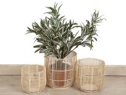 Set of 3 metal and rattan planter pots in varying sizes. The pots feature a natural, rustic design with a mix of metal and woven rattan materials. Suitable for indoor or outdoor use to display plants, flowers, or greenery.