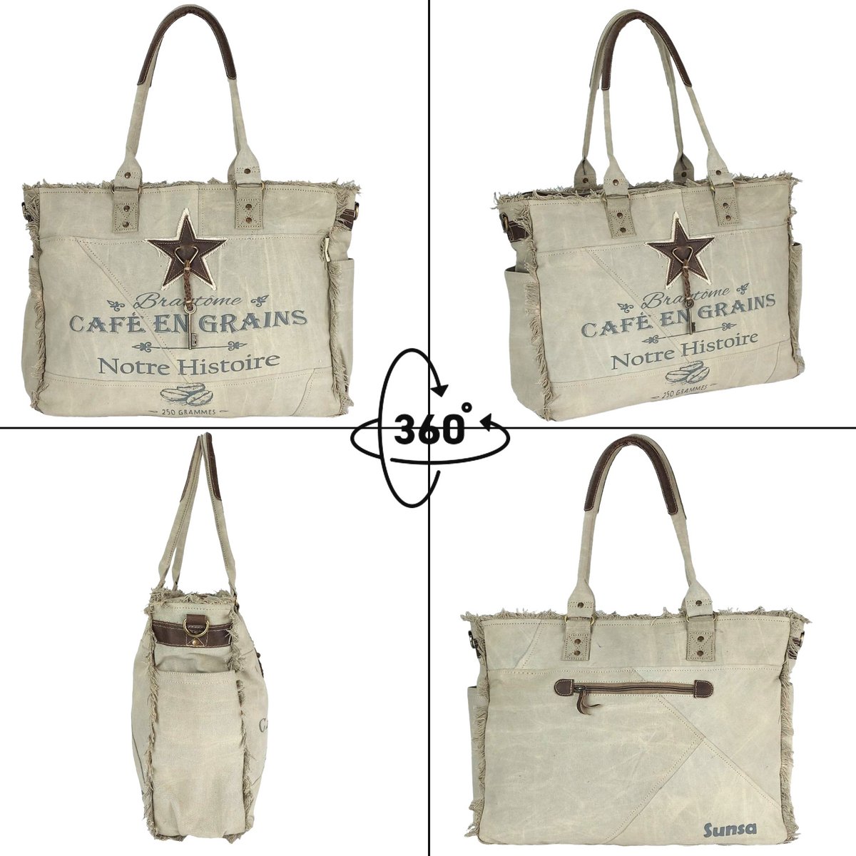 Sunsa dameshandtas. Schoudertas gemaakt van canvas en leer. Tas in vintage retrostijl. Grote shopper damestas als weekendtas.