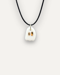  A white porcelain ghost-shaped pendant with gold accents. The pendant has a simple, minimalist design and is suitable for casual or formal wear.