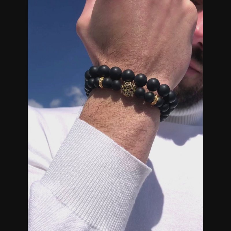 Men's BLACK ONYX Bracelet With Golden LEOPARD Head