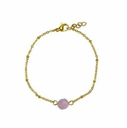 Gold-toned bracelet with a round chalcedony charm in a soft pink color.