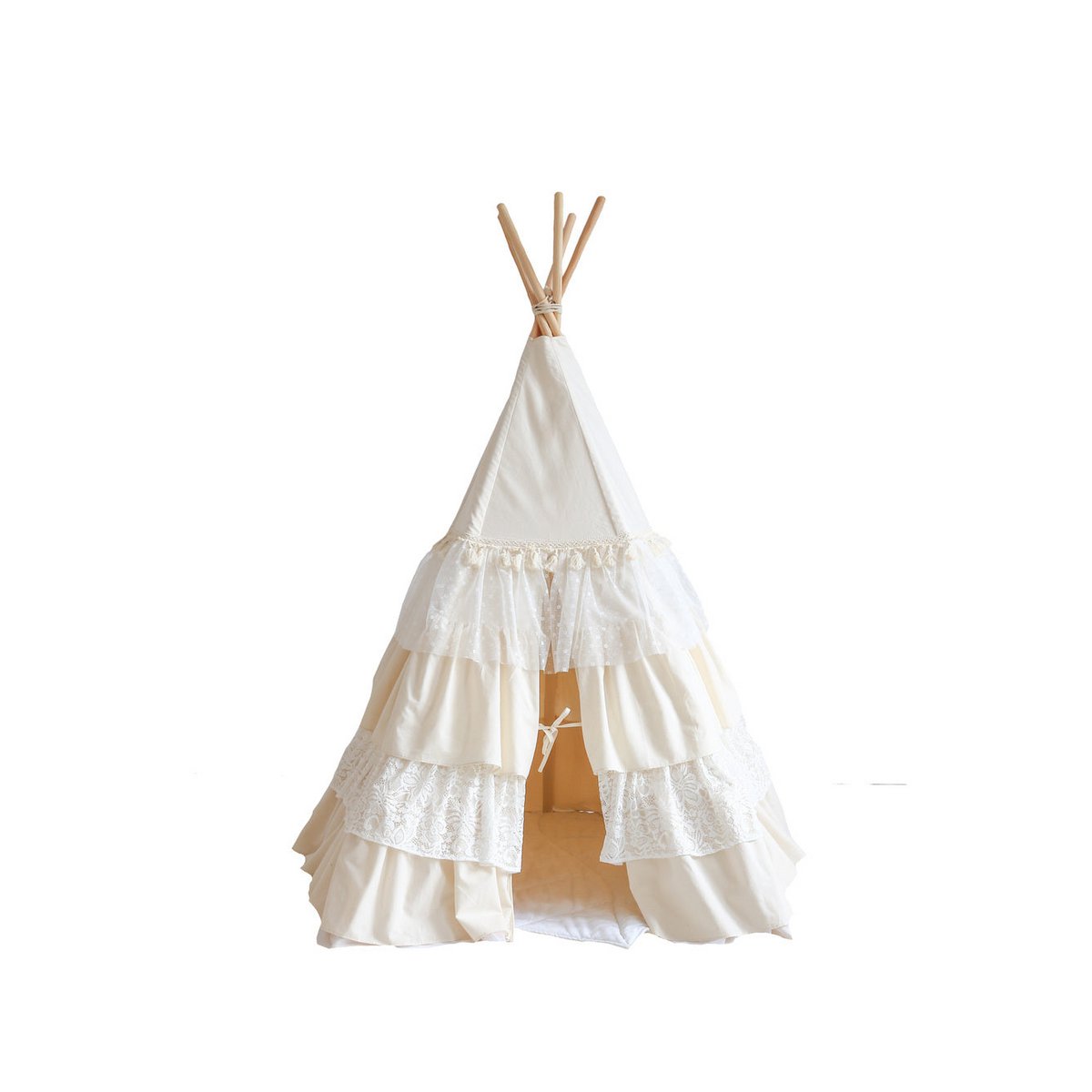 Set „Shabby Chic“ Tipi mit Rüschen und Blättermatte „Weiß“.