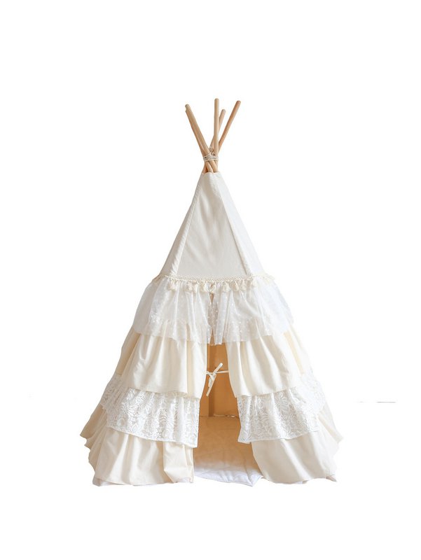 Set „Shabby Chic“ Tipi mit Rüschen und Blättermatte „Weiß“.