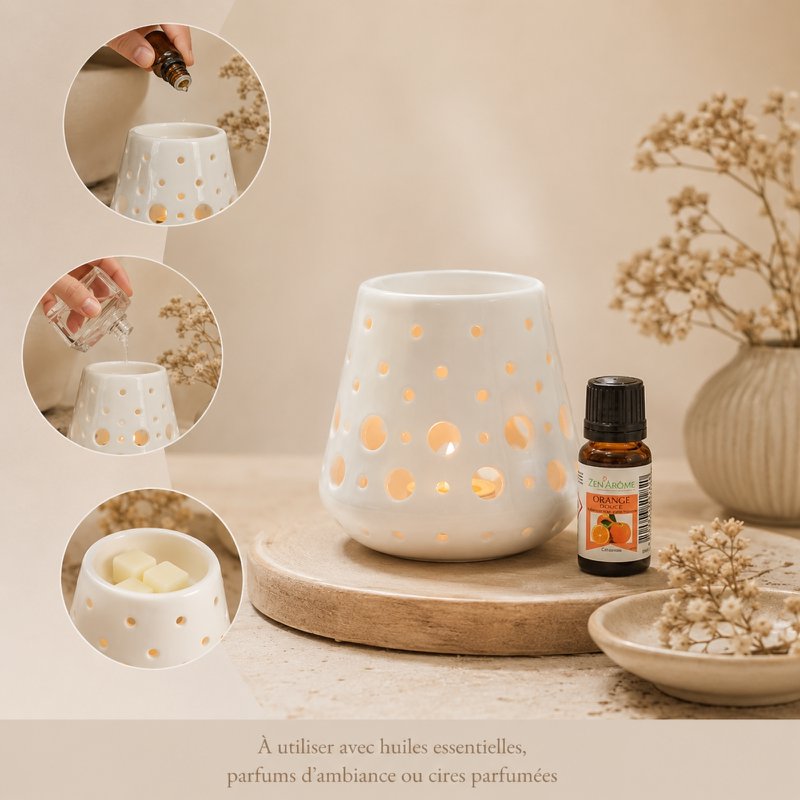Brûle Parfum – Loob Blanc – Bougeoir Céramique Laquée – Accessoire Diffusion Saine – Cires Parfumées, Huiles Essentielles – Objet Déco