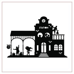 Window sticker with a station and Pieten figures in black silhouette. Available in sizes M, L, and S in white and black colors.