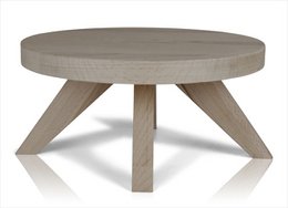 A round, natural-colored wooden plant table with a minimalist, geometric design.