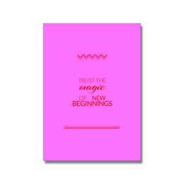 A pink postcard with the text "Trust the magic of new beginnings" printed on it. The postcard has a simple, minimalist design with a wavy pattern at the top.