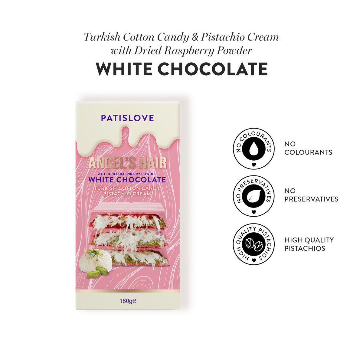 Angel's haar witte chocolade met gedroogd frambozenpoeder, 180 g