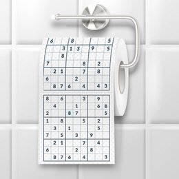  Toilet paper roll with Sudoku puzzle design. White toilet paper roll with black Sudoku grid printed on it.