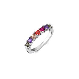 Colorful crown-shaped wedding ring with various gemstones including rubies, amethysts, and diamonds set in a silver band.