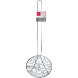  "Stainless steel skimmer spoon, round mesh bowl, long handle, 14cm diameter, kitchen utensil"